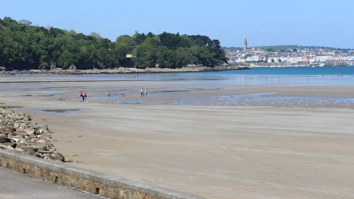 La baie de Douarnenez à marée basse, estran découvert et île Tristan en arrière-plan